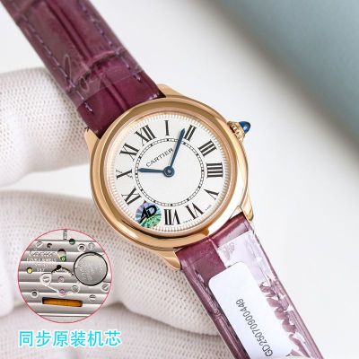 Cartier Ronde Louis 48 Diamonds 29mm 157 Original Quartz Movement Purple Leather Strap Watch